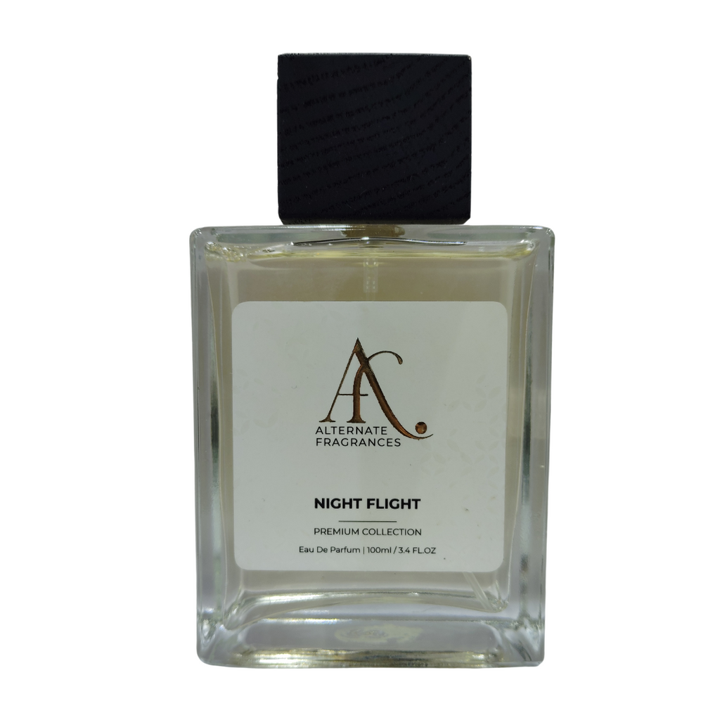 Night Flight EDP perfume bottle by Rini Deals, sleek glass design, with a deep blue liquid scent inside.