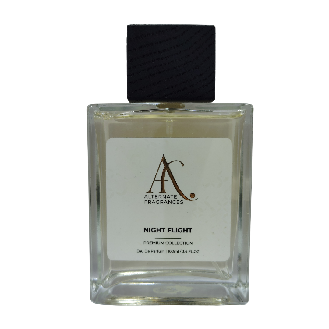 Night Flight EDP perfume bottle by Rini Deals, sleek glass design, with a deep blue liquid scent inside.