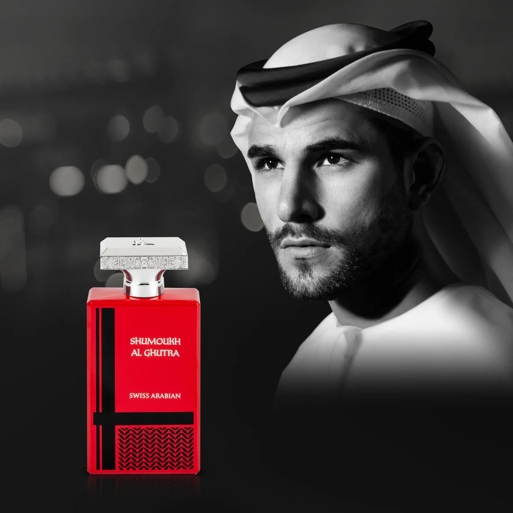 Swiss Arabian Shumoukh Al Ghutra Eau De Parfum 100ml bottle for men, featuring elegant design and fragrance details.