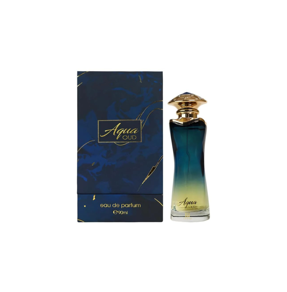 Ahmed Al Maghribi Aqua Oud Eau de Parfum 90ml for men, featuring a sleek bottle and elegant design in the image.