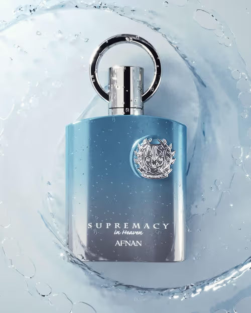Afnan Supermacy In Heaven Eau De Parfum 100ml bottle for men, sleek glass container with a modern, elegant design.