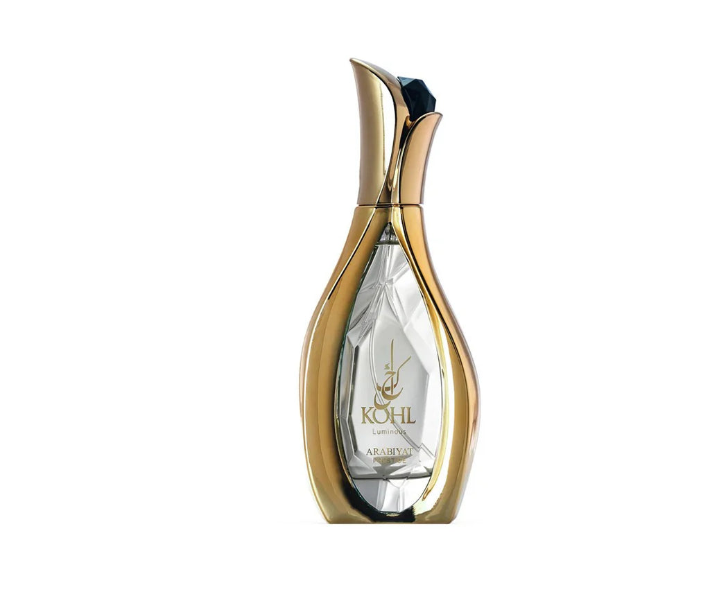 Arabiyat Prestige Kohl Luminous Eau De Parfum 100ml bottle for men and women, elegant glass container with a sleek design.