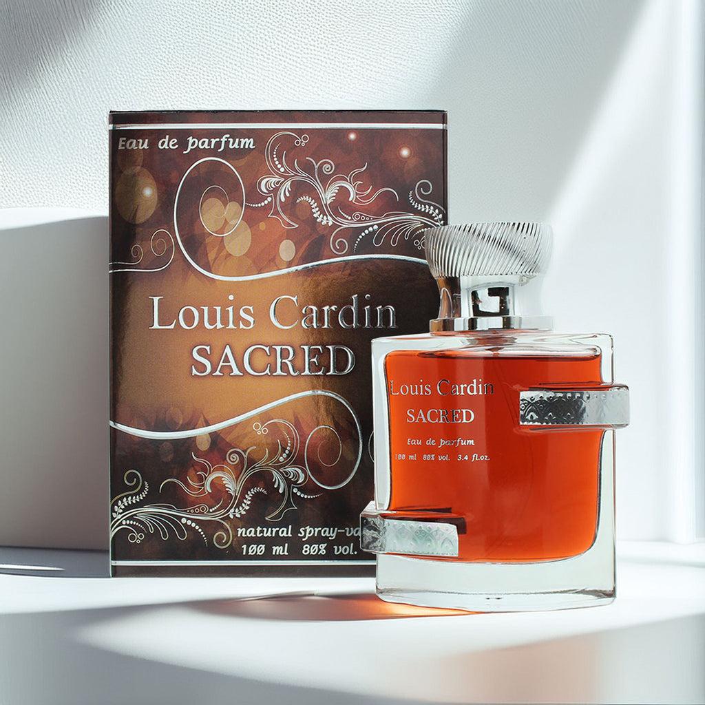 Louis Cardin Sacred Eau de Parfum 100ml for men, elegant glass bottle with minimalist design and black cap.