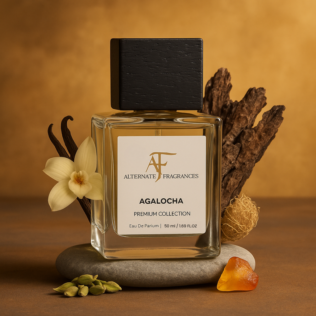 50ml bottle of Agalocha Extrait de Parfum by Rini Deals, featuring a sleek glass perfume bottle with a gold cap.