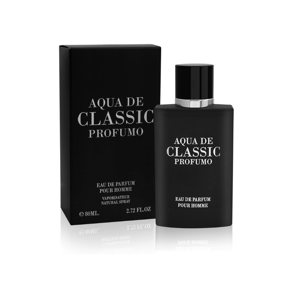 Fragrance World Aqua de Classic Profumo Eau de Parfum 80ml for men, featuring a sleek bottle and classic design.