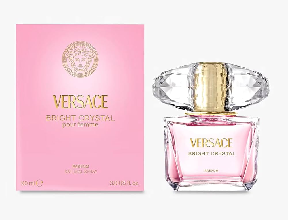 Versace Bright Crystal women’s parfum bottle, 90ml, with pink floral design and elegant clear glass packaging.
