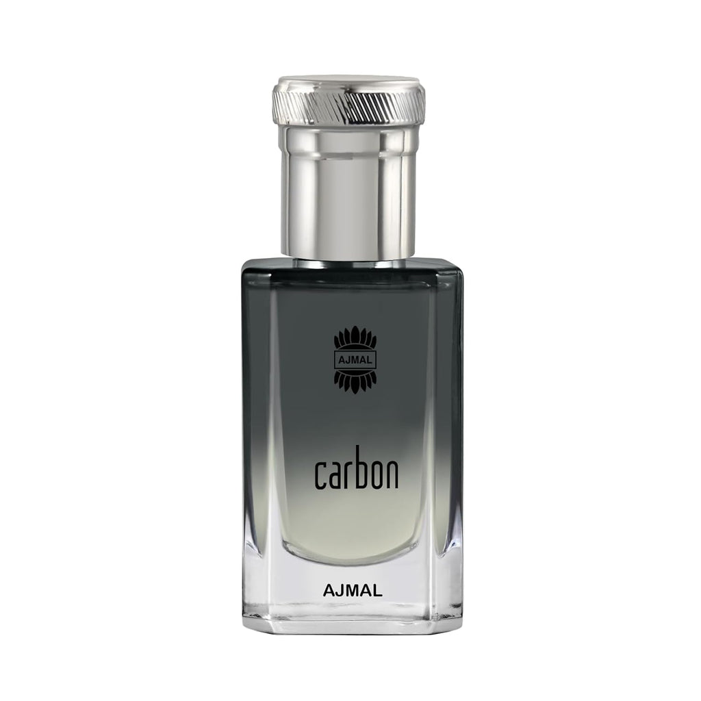Ajmal Carbon concentrated perfume oil for men, featuring a sleek bottle with dark fragrance liquid, designed for masculine scent.