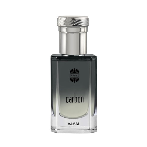 Ajmal Carbon concentrated perfume oil for men, featuring a sleek bottle with dark fragrance liquid, designed for masculine scent.