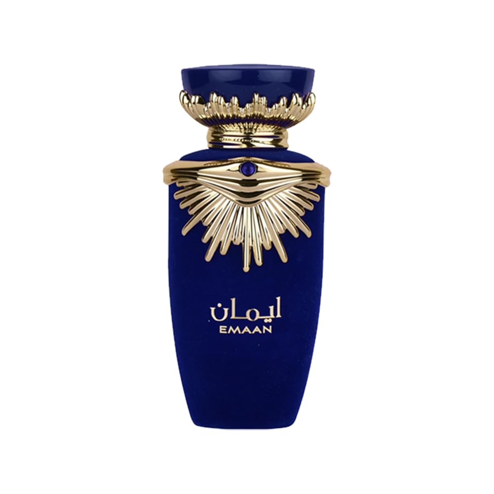 Lattafa Emaan Eau De Parfum 100ML bottle for men and women, elegant glass perfume bottle with a black cap and gold accents.