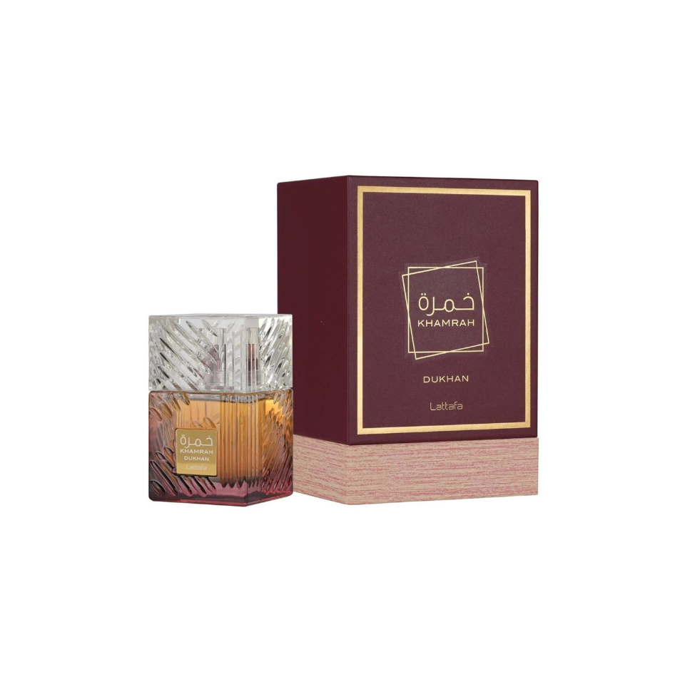Lattafa Khamrah Dukhan Eau de Parfum 100ml bottle for men and women, elegant fragrance with smoky and spicy notes.