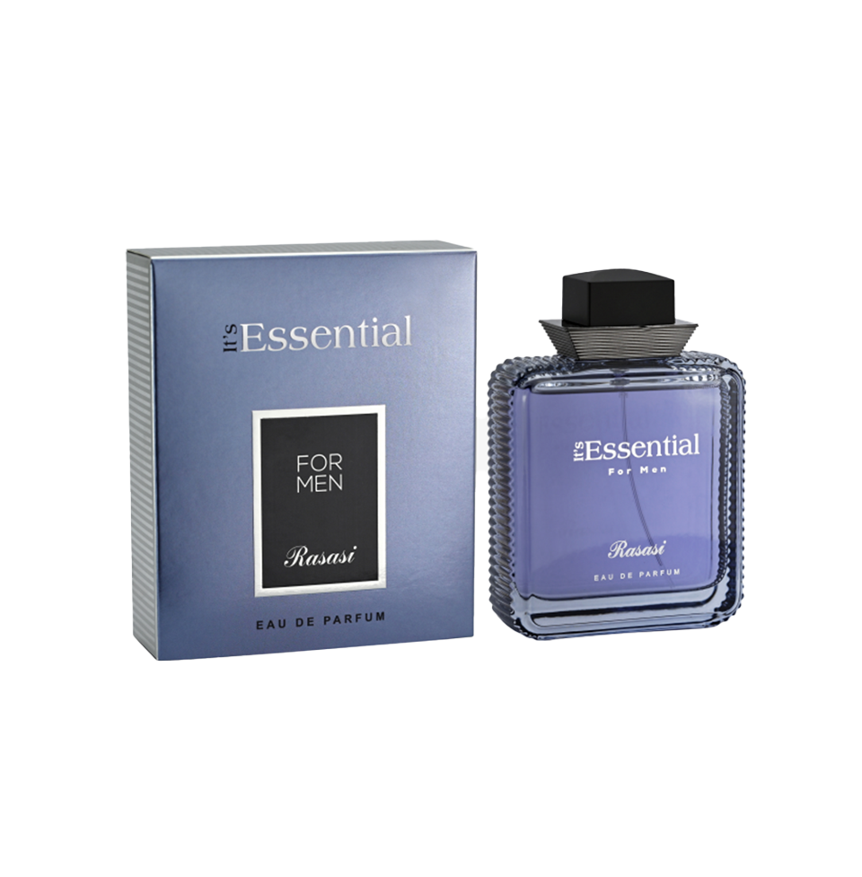Rasasi Its Essential Eau De Parfum 100ml for men, featuring sleek bottle design and elegant fragrance presentation.