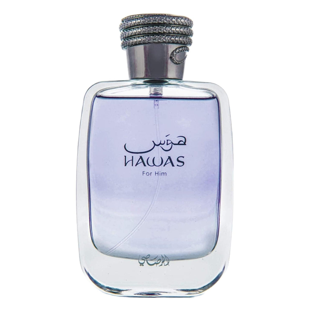 Rasasi Hawas For Him Eau de Parfum 100ml bottle with a sleek design on a neutral background.