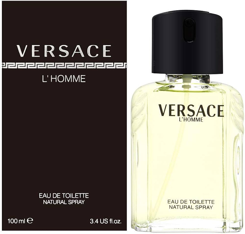 Versace L’Homme Eau De Toilette 100ml for Men bottle with sleek design and elegant label, centered on a white background.