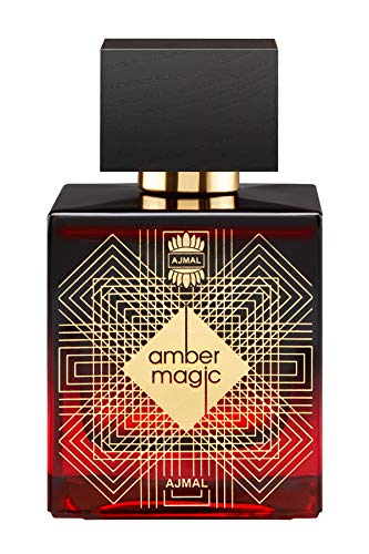 Ajmal Amber Magic Eau de Parfum for men, 100ml, featuring a sleek bottle with amber-colored fragrance liquid.