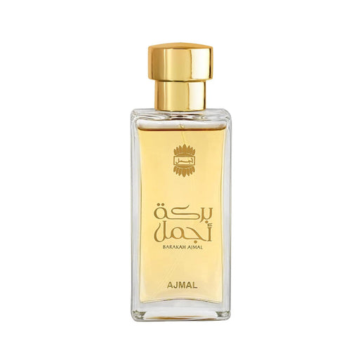 Ajmal Barakah Eau De Parfum for men and women, featuring a sleek bottle design with elegant fragrance accents.
