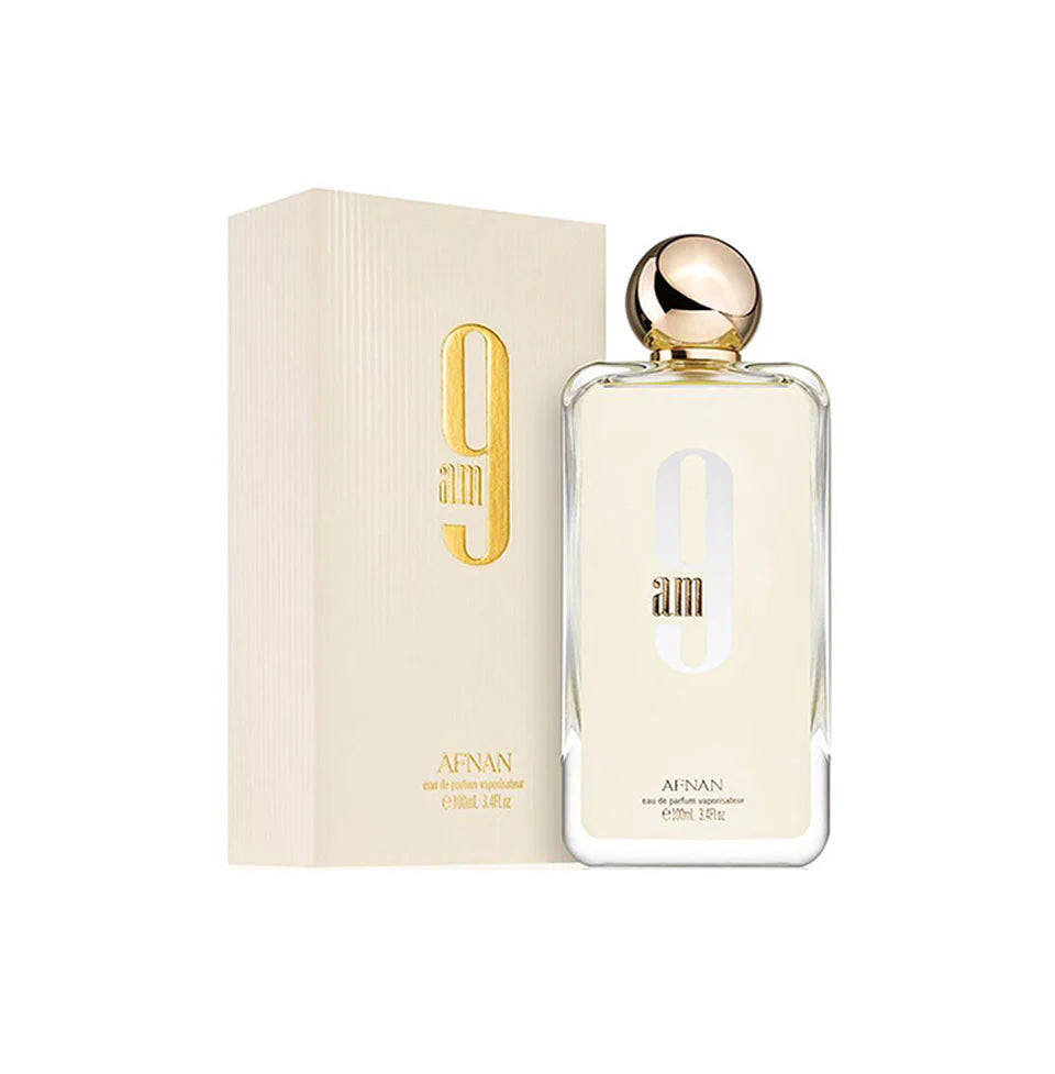 Afnan 9AM Eau de Parfum 100ml for men and women, featuring a sleek bottle with elegant design and modern fragrance details.