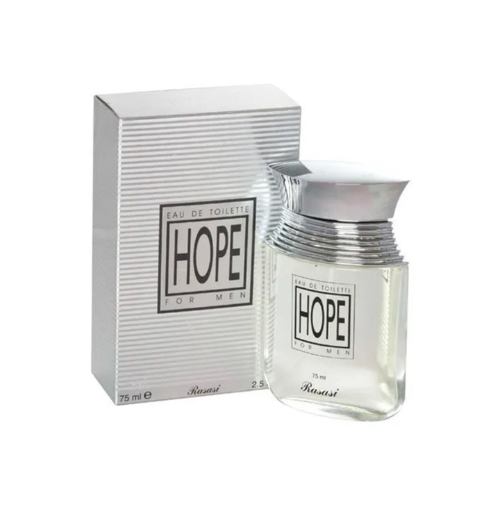 Rasasi Hope Pour Homme Eau de Parfum 75ml for men, featuring the sleek bottle design and elegant fragrance presentation.