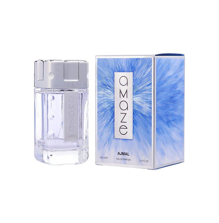 Ajmal Amaze Eau De Parfum 100ml for men, featuring a sleek bottle with a dark cap and elegant fragrance design.