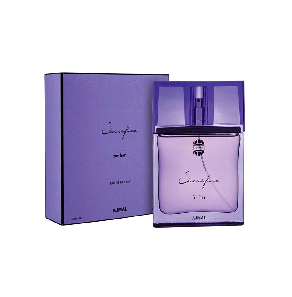 Ajmal Sacrifice Eau De Parfum 50ml for women, elegant glass bottle with floral and fruity fragrance elements.