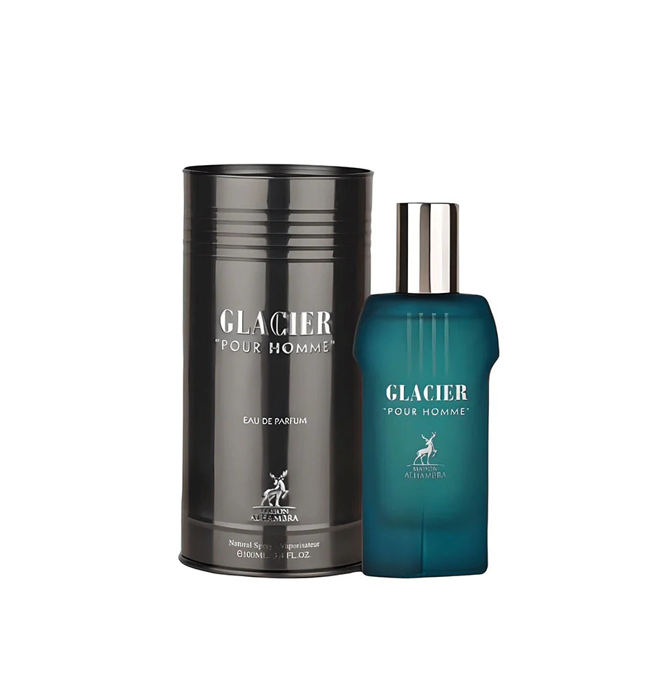Maison Alhambra Glacier Pour Homme Eau De Parfum 100ml for men, featuring a sleek glass bottle with a silver cap and icy blue accents.