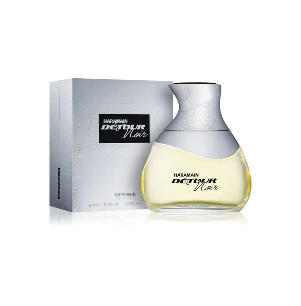 Al Haramain Detour Noir Eau de Parfum 100ml bottle with black cap and sleek design for men and women.