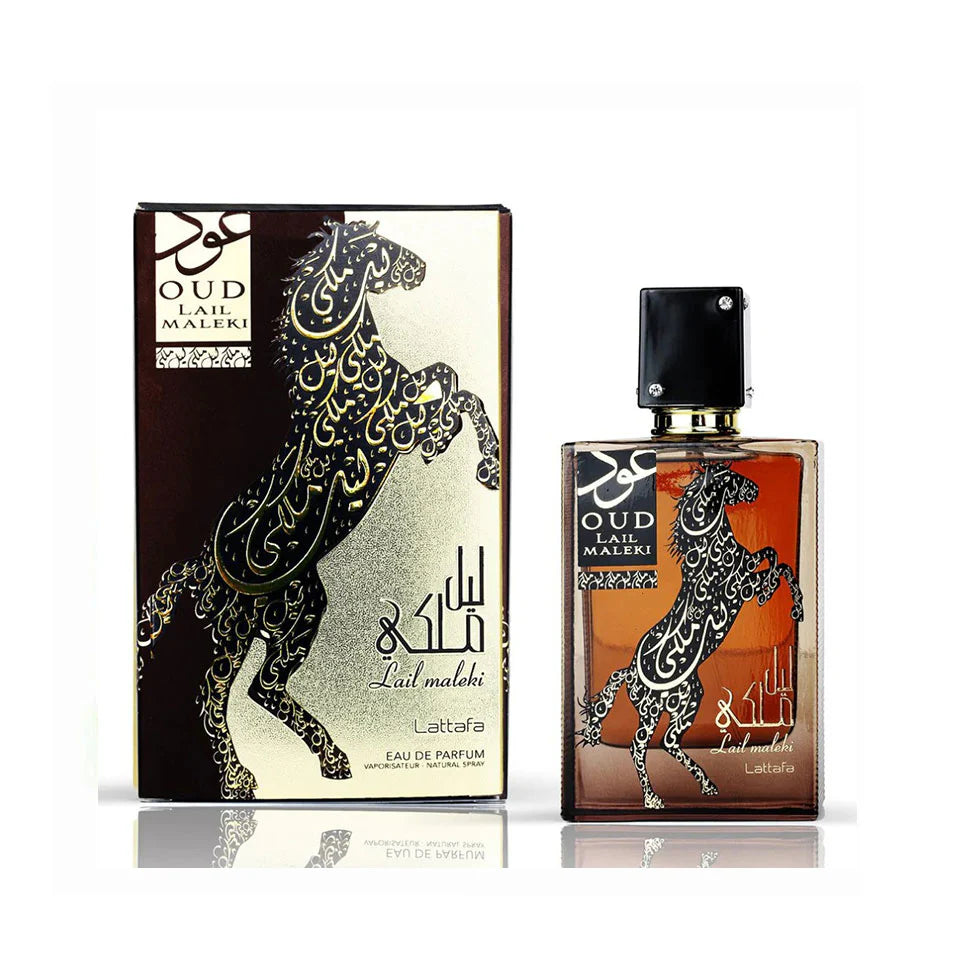Lattafa Lail Maleki Oud Edition perfume bottle for men and women, 100ml, with elegant design and oud fragrance.
