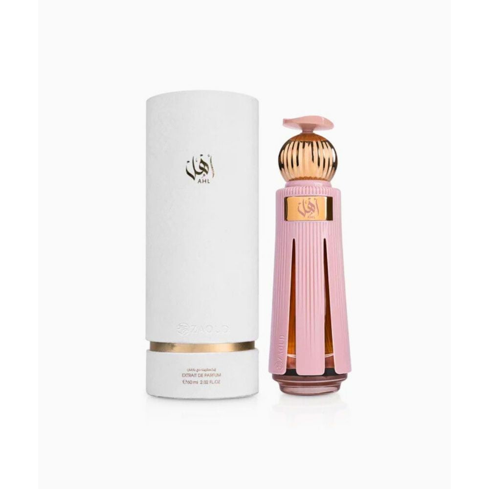 Ahmed Al Maghribi Ahl Extrait de Parfum 60ml for men and women, elegant glass bottle with black cap and floral accents
