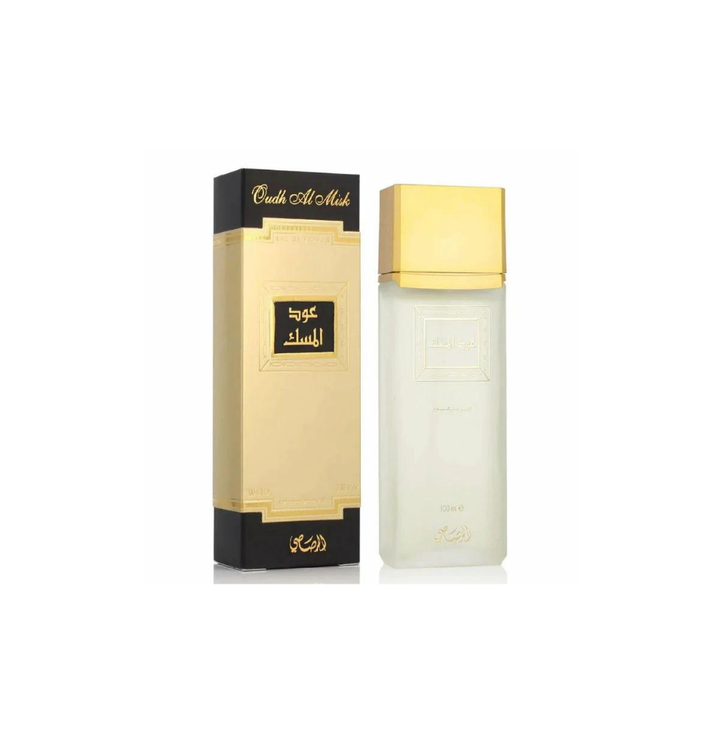 Rasasi Oudh Al Misk Eau De Parfum 100ml for men and women, featuring a sleek glass bottle with a black cap and elegant design.