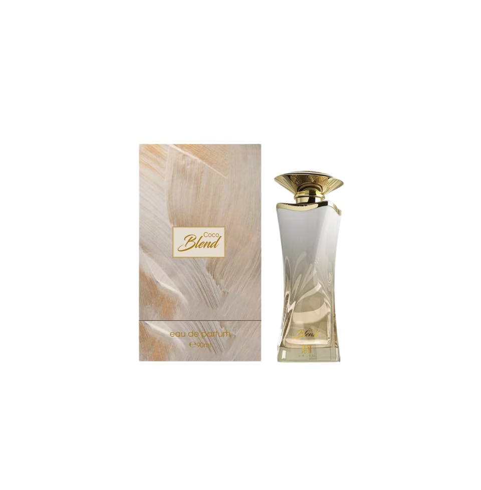 Ahmed Al Maghribi Coco Blend Eau de Parfum 90ml for women, featuring a sleek bottle with elegant design and floral accents.