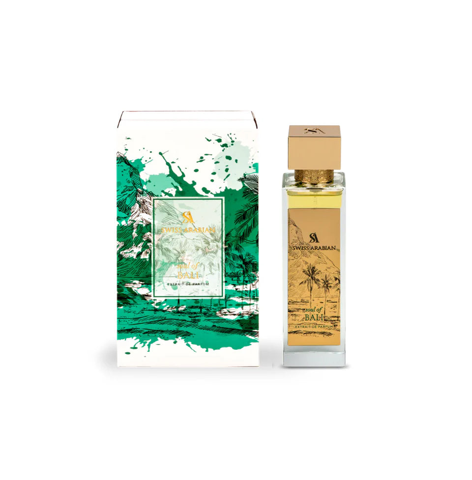 Swiss Arabian Soul of Bali Extrait De Parfum 100ml for men and women, elegant glass bottle with a sleek design and floral accents.