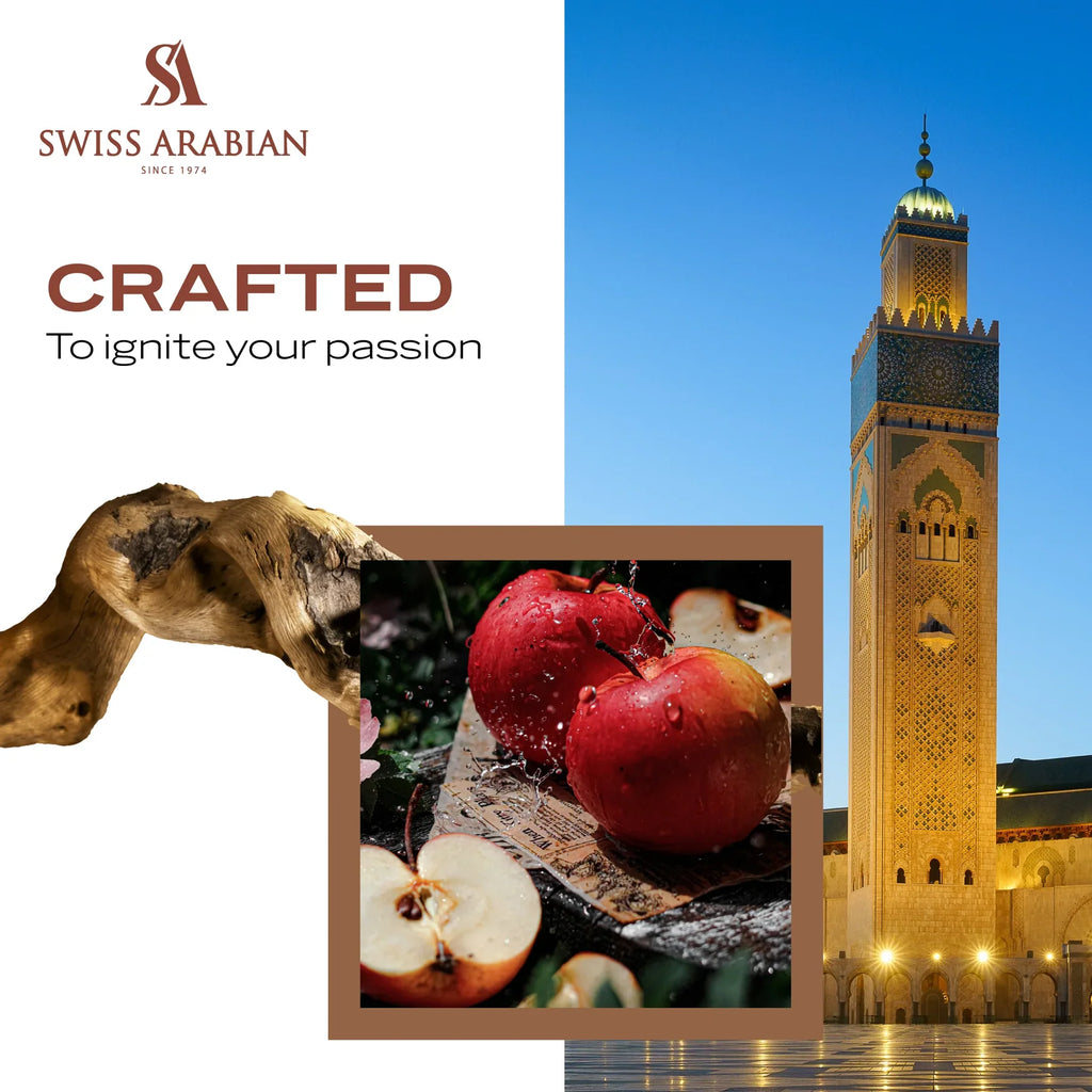 Swiss Arabian Essence of Casablanca extrait de parfum 100ml bottle for men and women, elegant glass design with a gold cap.