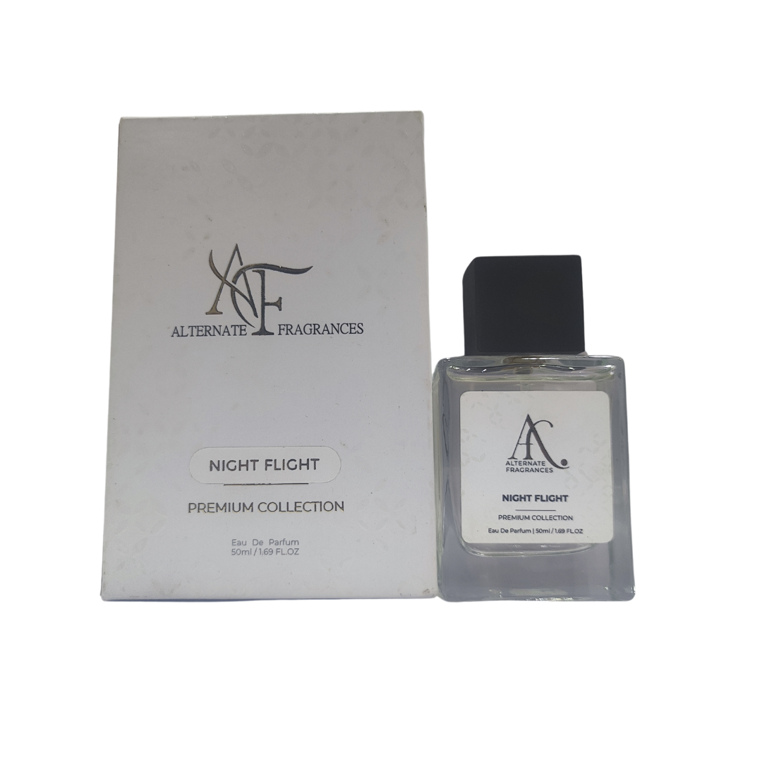 Night Flight EDP by Rini Deals, elegant perfume bottle with sleek black design and floral accents, on a white background.