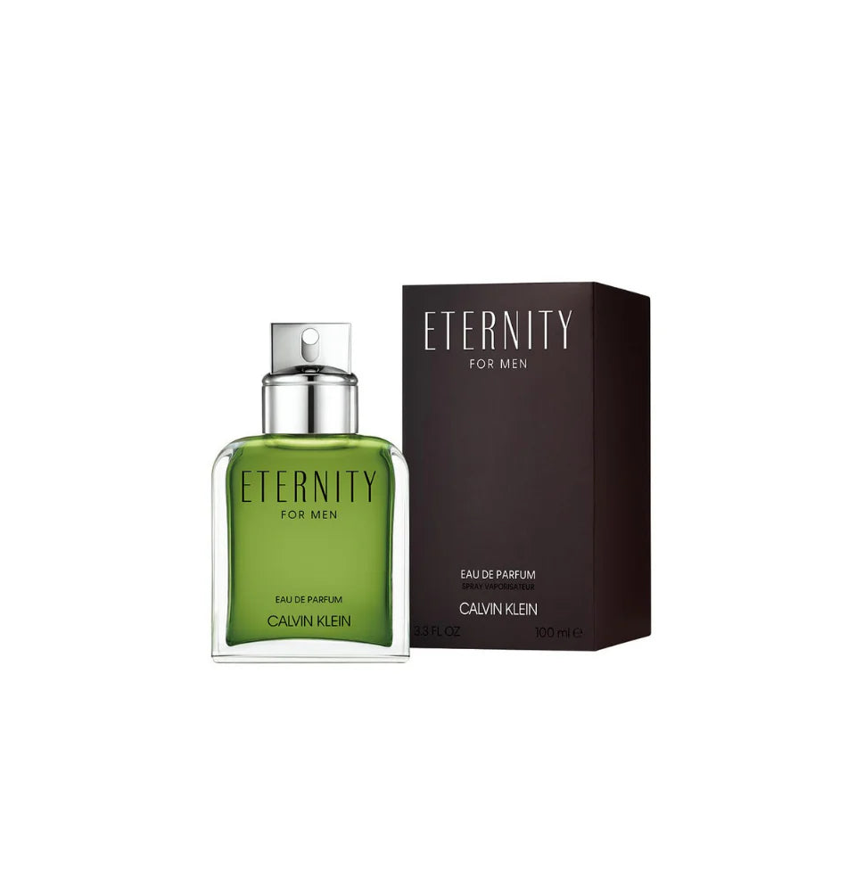 Calvin Klein Eternity Eau De Parfum 100ml for men, featuring the perfume bottle with elegant design and branding.