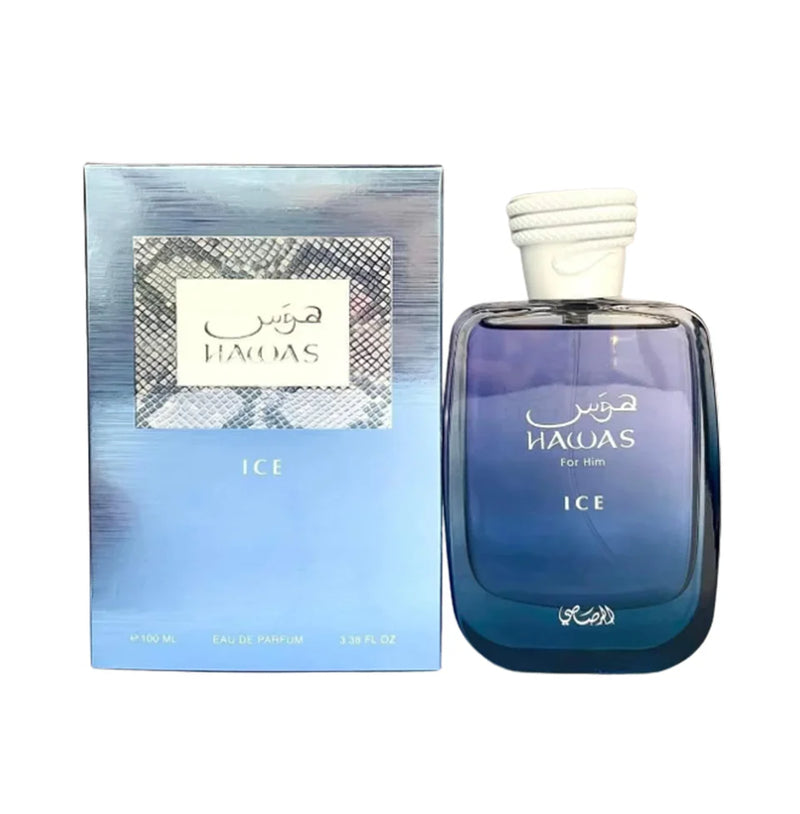 Rasasi Hawas Ice Eau De Parfum 100ml for men, sleek glass bottle with blue accents, showcasing the fragrance's fresh, aquatic design.