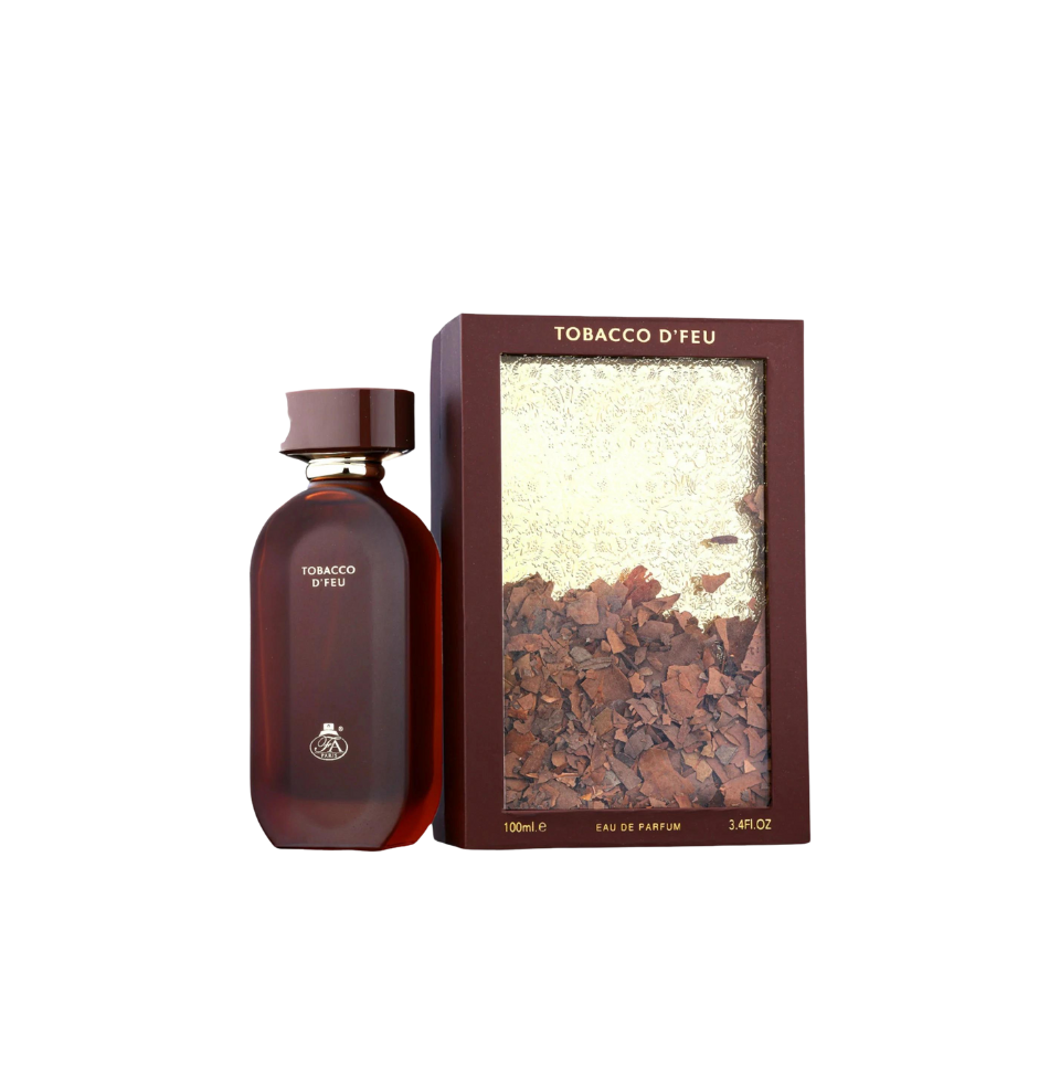 Fragrance World Tobacco D’Feu Eau de Parfum 100ml for men and women, featuring a sleek bottle and warm, smoky scent.