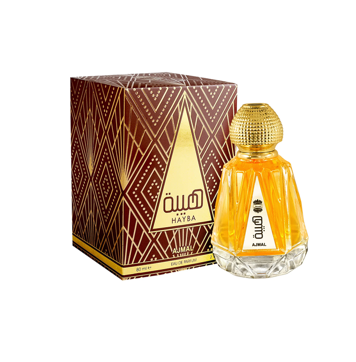 Ajmal Hayba Eau De Parfum 100ml bottle for men and women, featuring a sleek glass design with a black cap.