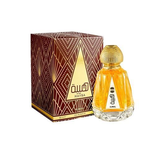 Ajmal Hayba Eau De Parfum 100ml bottle for men and women, featuring a sleek glass design with a black cap.