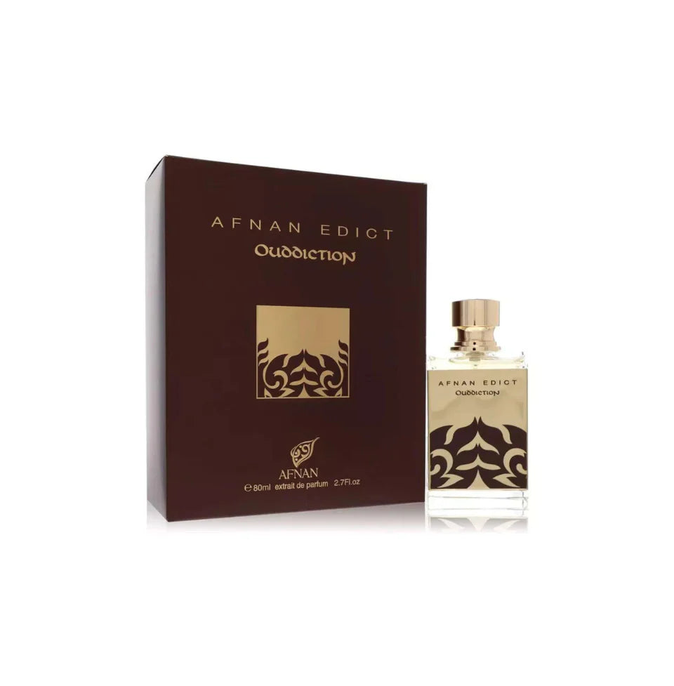 Afnan Edict Ouddiction Eau De Parfum 80ml bottle for men and women, featuring an elegant glass design and luxurious fragrance.