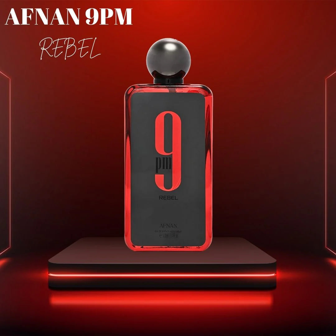 Afnan 9PM Rebel Eau De Parfum 100ml for men and women, featuring the perfume bottle with sleek design and black cap.
