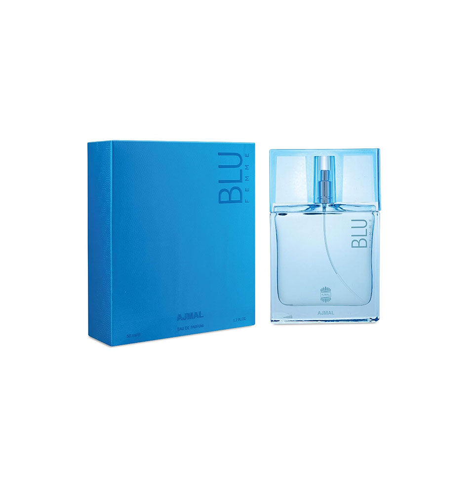Ajmal Blu Femme Eau de Parfum for women, featuring a sleek glass bottle with a blue-tinted fragrance liquid.