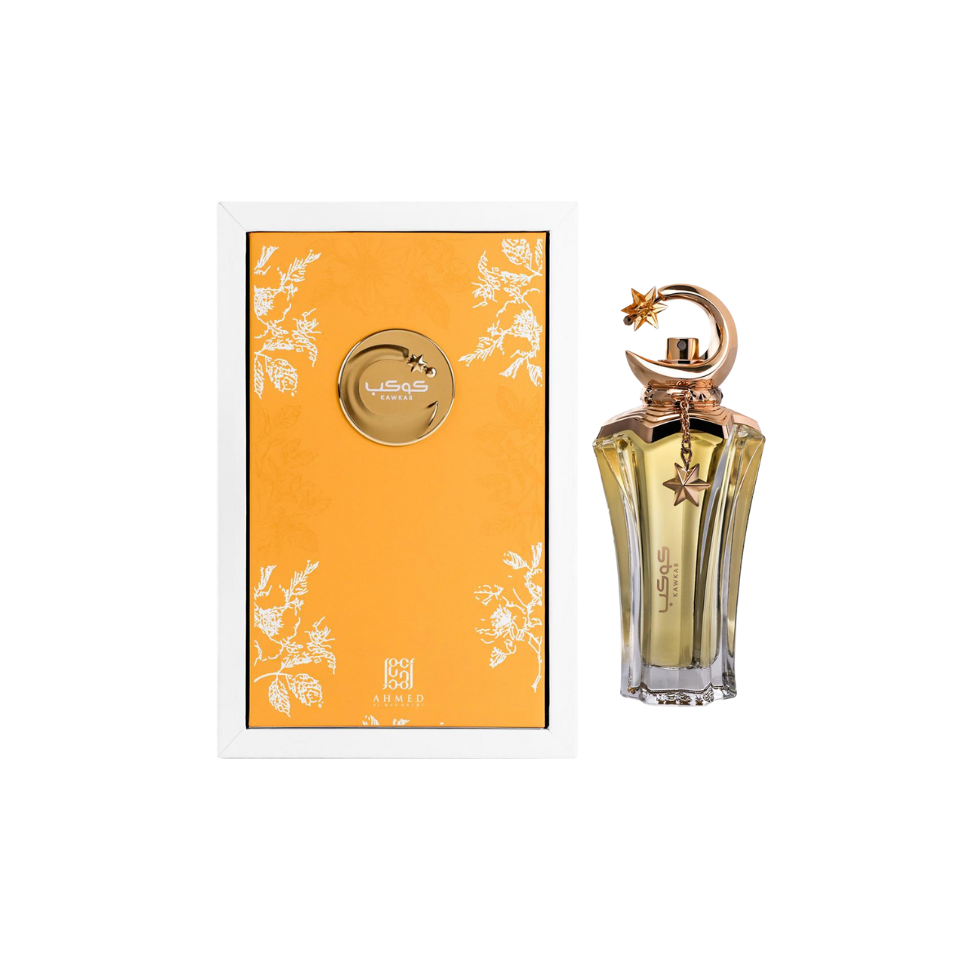 Ahmed Al Maghribi Kawkab Eau de Parfum 75ml bottle for men and women, sleek fragrance container with elegant design.