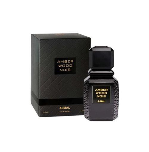 Ajmal Amber Wood Noir perfume bottle for men and women, 100ml, with elegant black and amber-colored packaging.