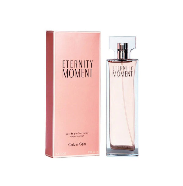Calvin Klein Eternity Moment women's 100ml Eau de Parfum bottle with floral and fruity fragrance notes.