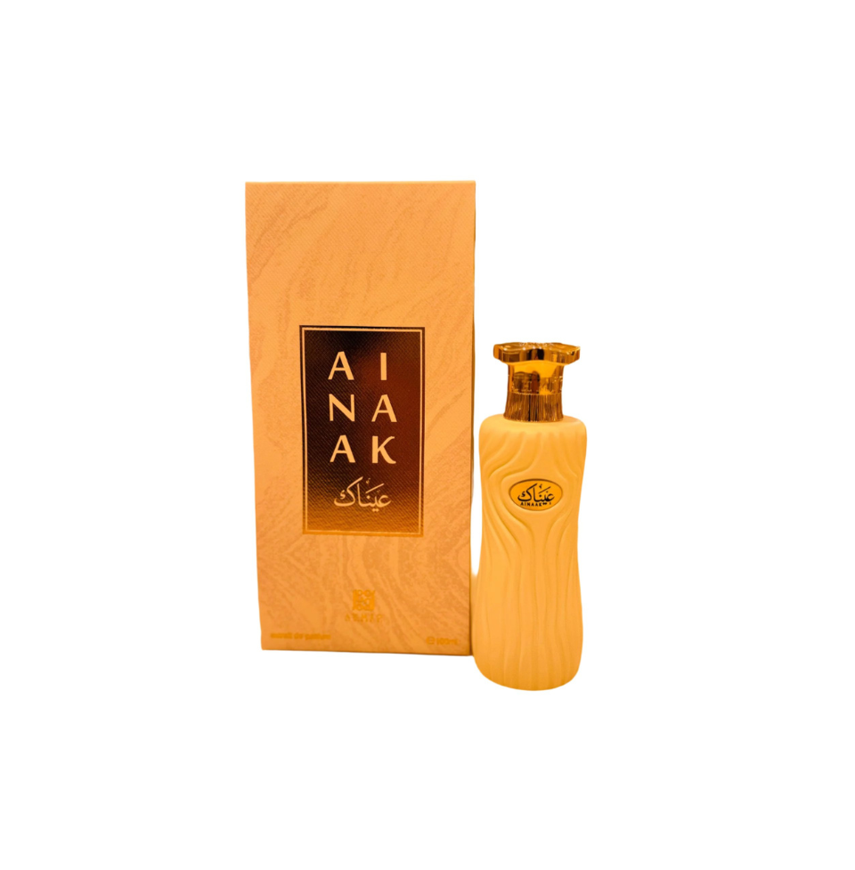 Ahmed Al Maghribi AinAak Eau de Parfum 100ml for women, elegant glass bottle with floral and fruity notes visible.