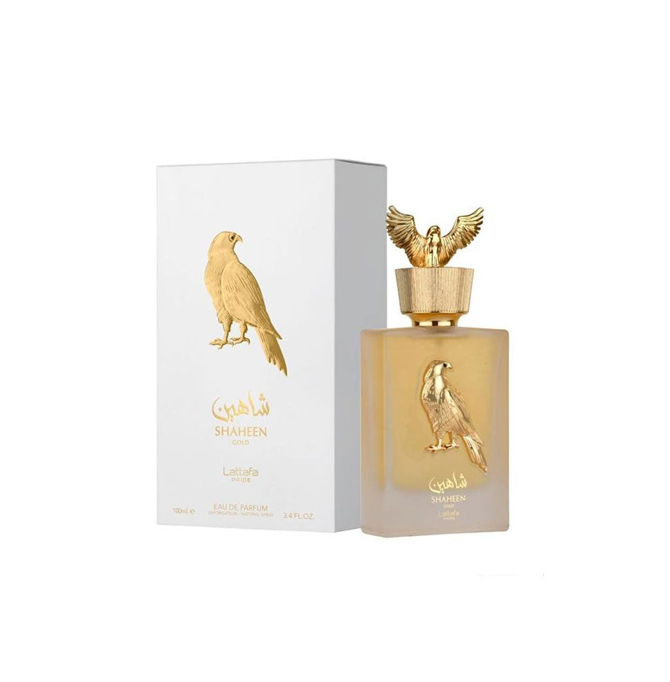 Lattafa Pride Shaheen Gold Eau de Parfum 100ml for men and women, elegant gold bottle with luxurious fragrance, unisex perfume.