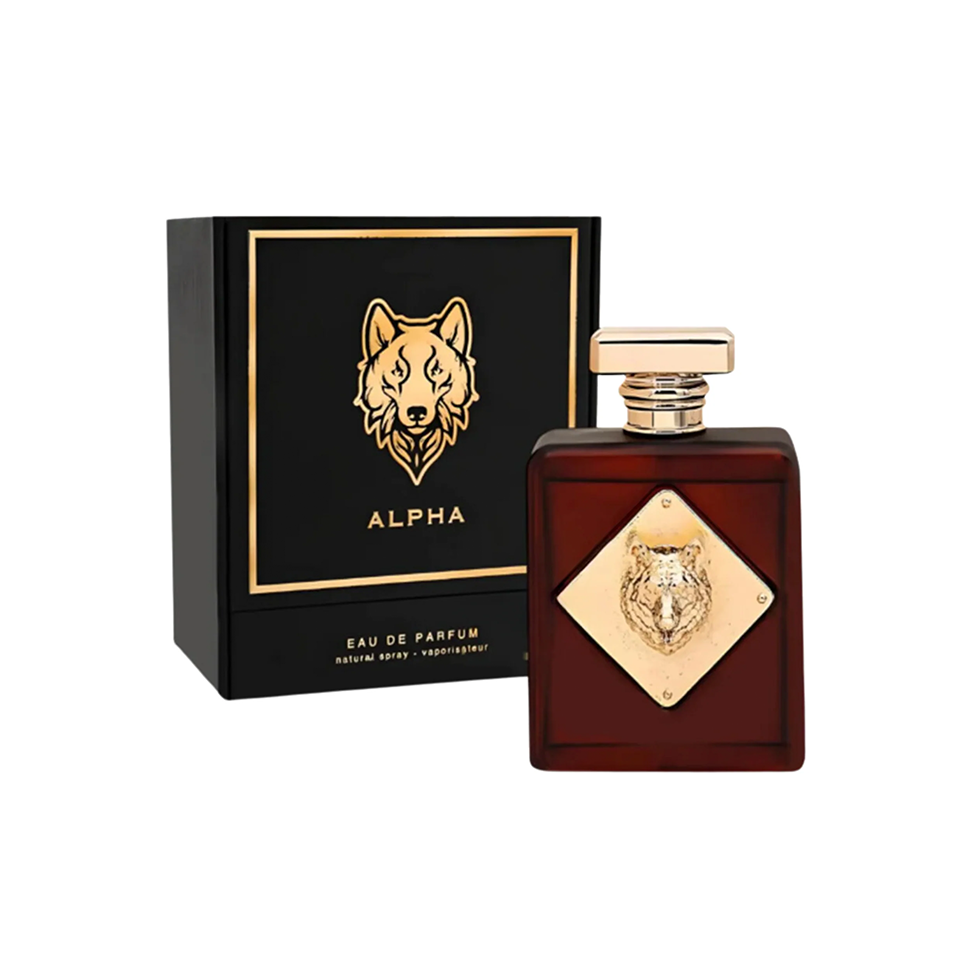 Fragrance World Alpha Eau de Parfum for men, 100ml bottle with sleek design and minimalist label.