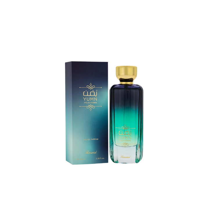 Rasasi Yumn Pour Femme Eau De Parfum bottle for women, 100ml, with elegant pink and gold floral packaging.