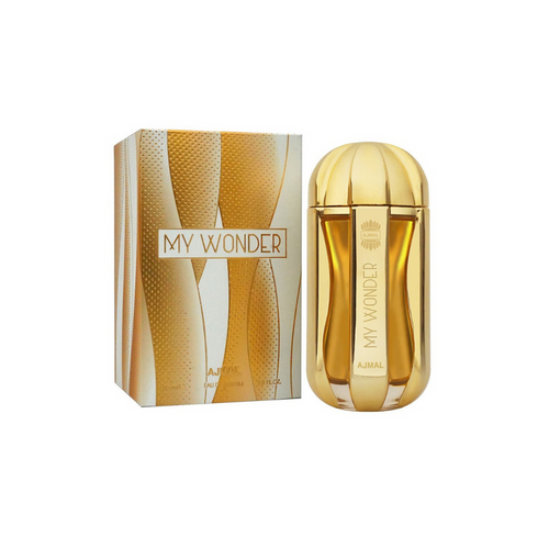 Ajmal My Wonder Eau De Parfum for women, featuring a sleek glass bottle with a gold cap and floral accents.