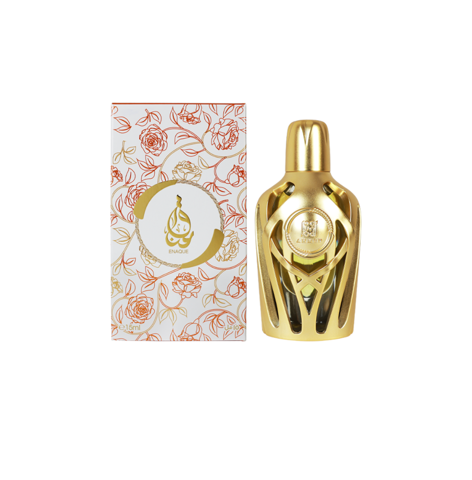Ahmed Al Maghribi Enaque concentrated perfume oil 15ml for men and women, featuring a sleek glass bottle with a gold cap.