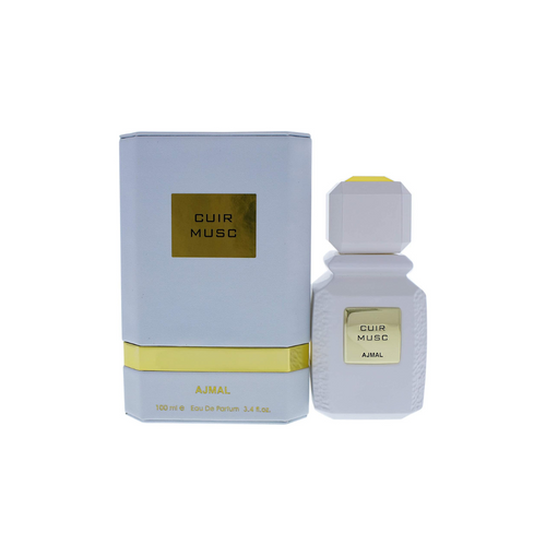 Ajmal Cuir Musc Eau de Parfum 100ml for men and women, featuring elegant perfume bottle with black and gold accents.